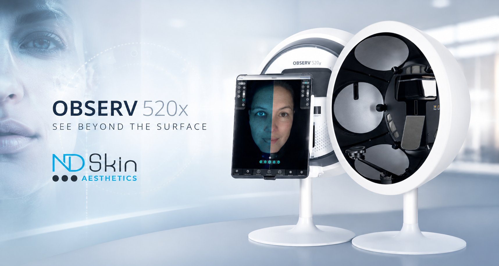 OBSERV 520x skin scanner with tablet screen showing split before and after skin analysis view